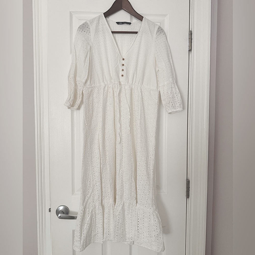 White Eyelet Midi Dress with Button Front